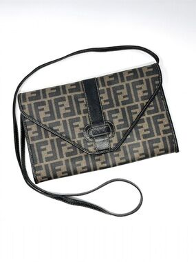 Vintage Fendi Brown Zucca FF Logo Monogram Canvas Shoulder Crossbody Clutch Bag